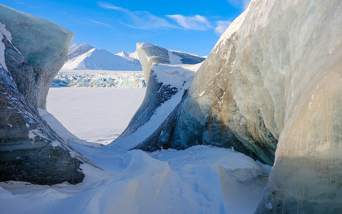 Serac, glacier Fridtjovbreen. Landscape in Van Mijenfjorden National Park, (former Nordenskiold National Park), Island of Spitsbergen.