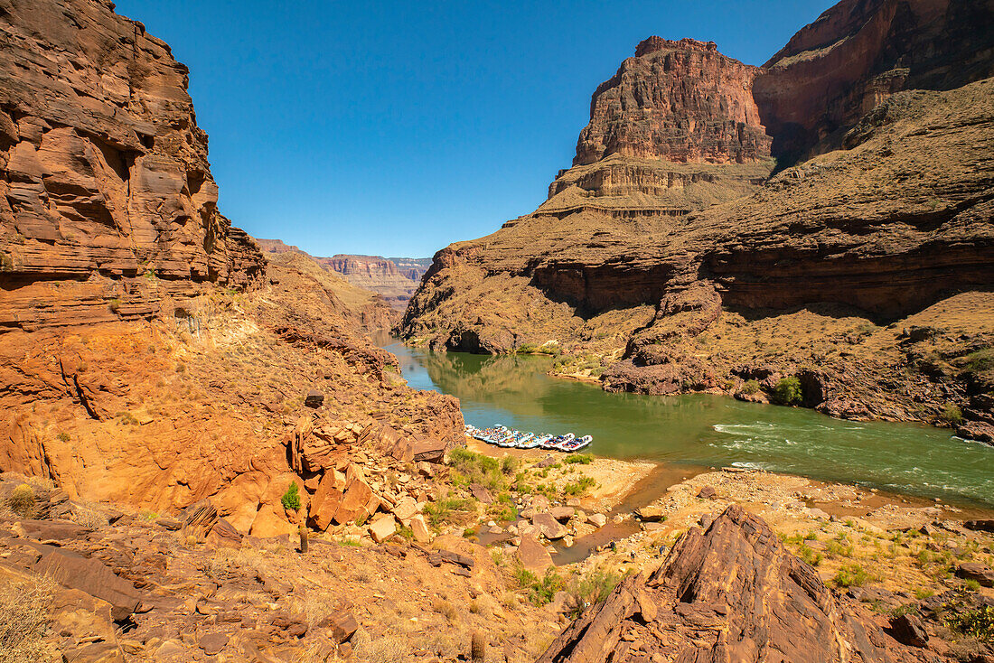 USA, Arizona, Grand Canyon National Park. Moored rafts on Colorado River.