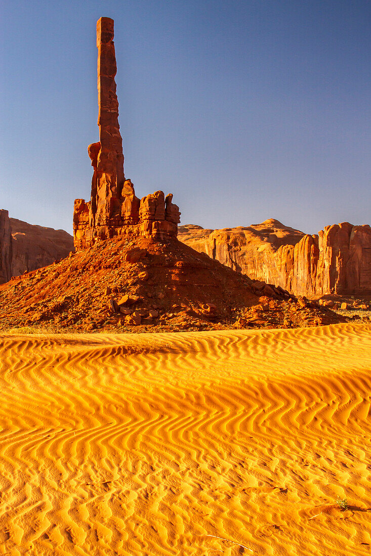 USA, Arizona, Monument Valley Navajo Tribal Park. Eroded formations and sand dunes.