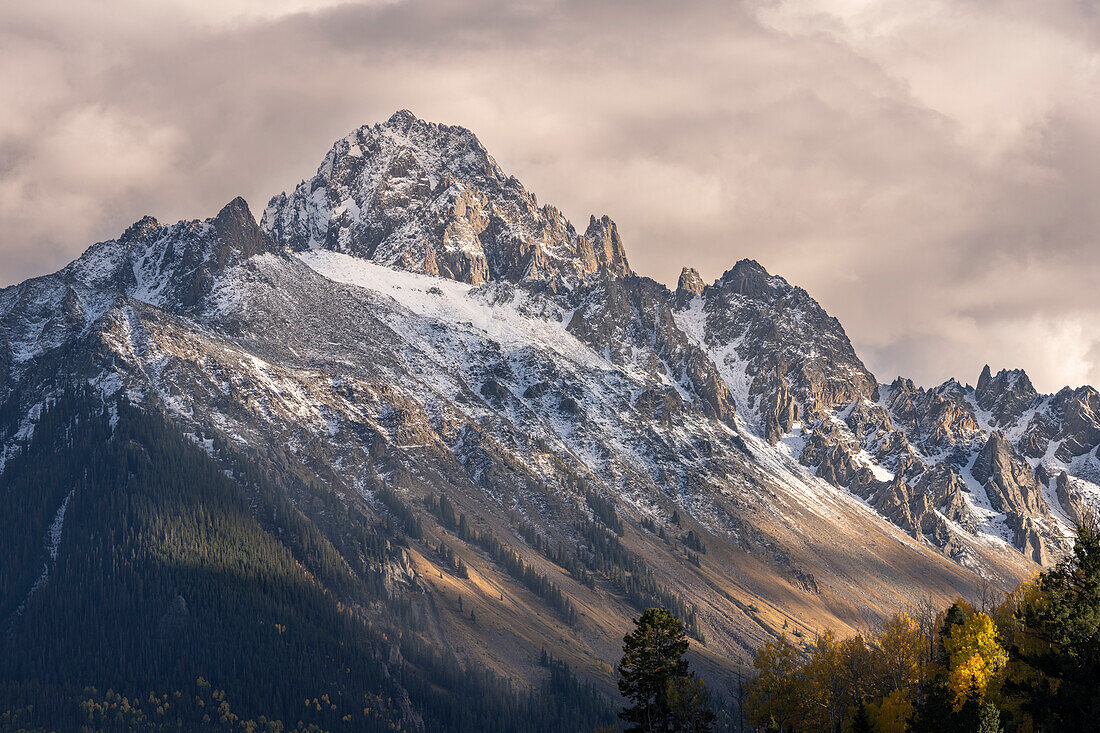 USA, Colorado, Uncompahgre National Forest. Mt Sneffels after autumn snowstorm.