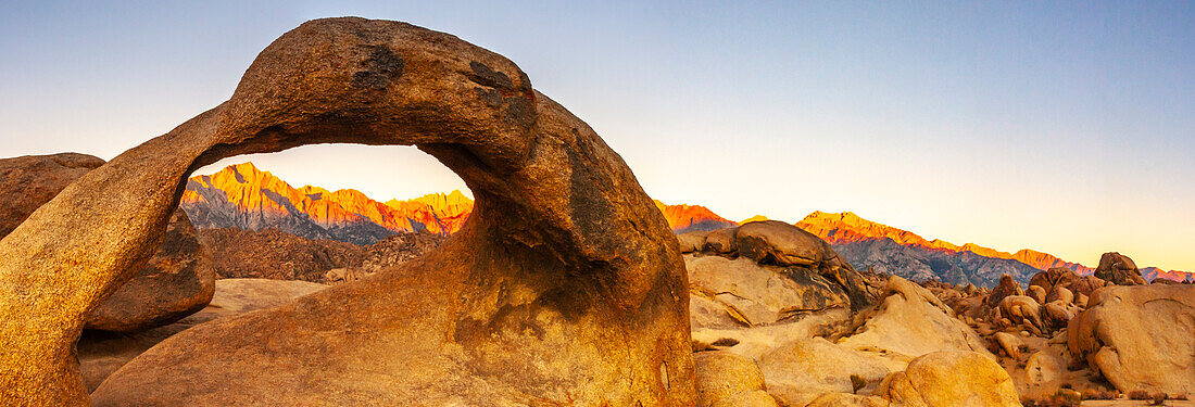 USA, California, Sierra Nevada Mountains. Panoramic with Mobius Arch in Alabama Hills.