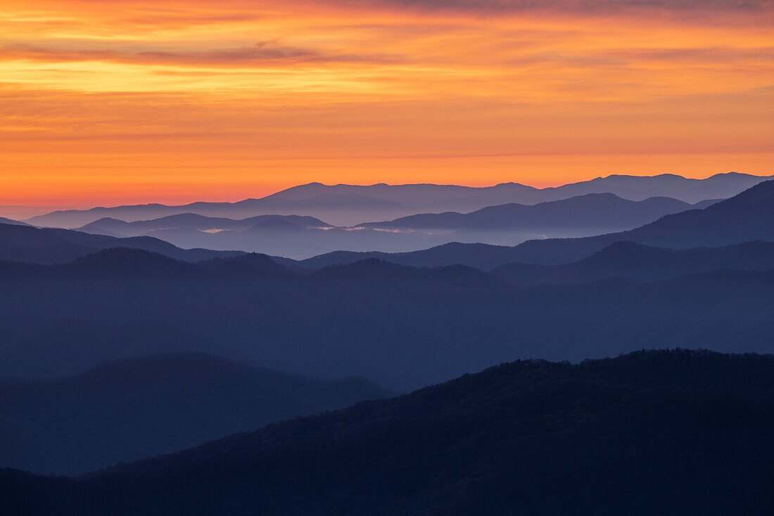 Spring sunrise view of mountains and mist, from Clingmans Dome area, Great Smoky Mountains National Park, North Carolina