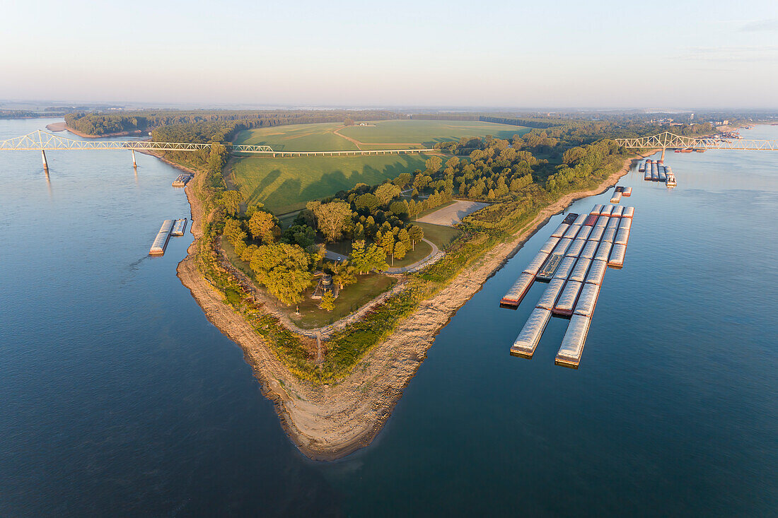 Aerial of the confluence of the Ohio (right) and Mississippi (left) Rivers at the southernmost point in Illinois. Fort Defiance State Park, Alexander County, Illinois. (Editorial Use Only)