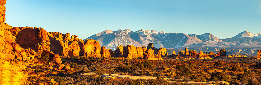 USA, Utah, Arches National Park. Panoramic of La Sal Mountains and Parade Of Elephants formations.