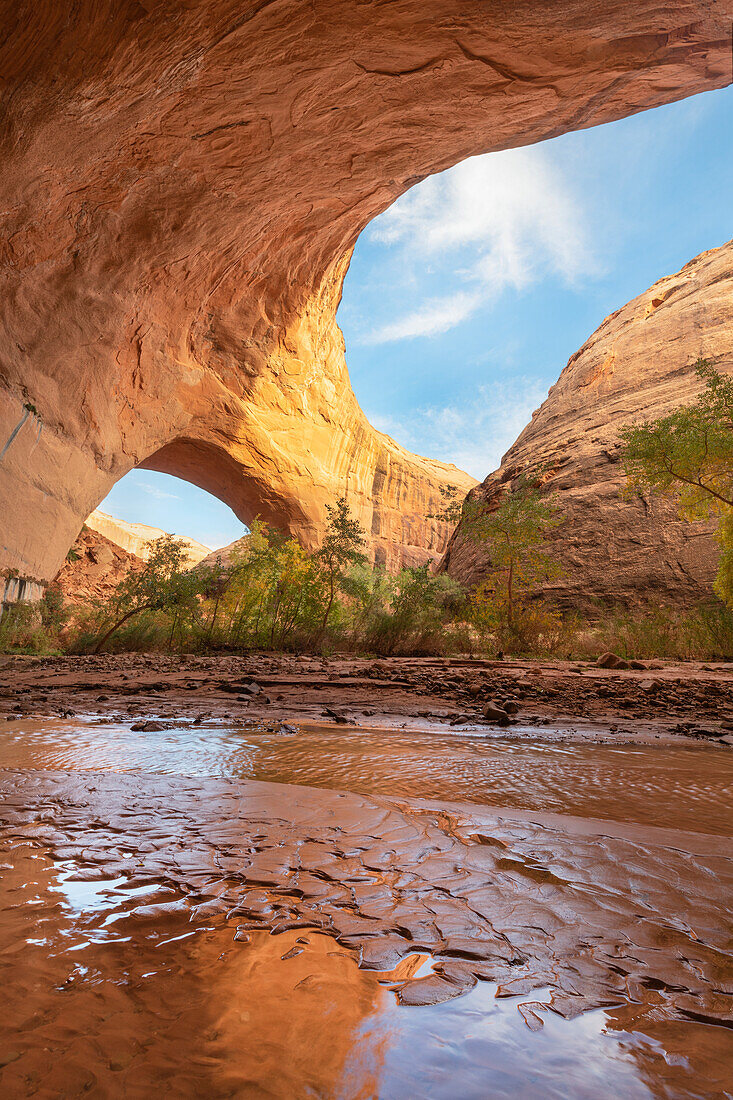 Jacob Hamblin Arch seen from beneath adjacent giant sandstone in Coyote Gulch, Glen Canyon National Recreation Area, Utah.