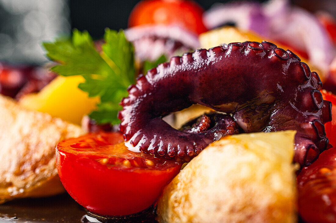 Tasty salad with octopus and assorted vegetables and herbs on plate on table