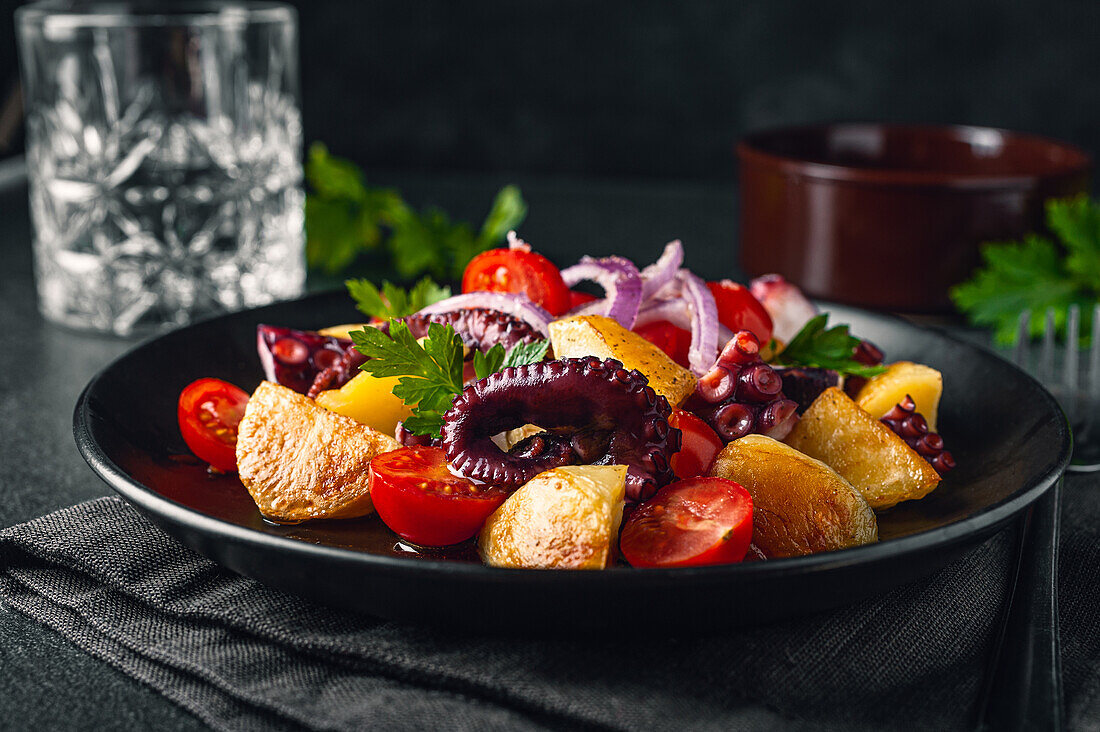 Tasty salad with octopus and assorted vegetables and herbs on plate on table