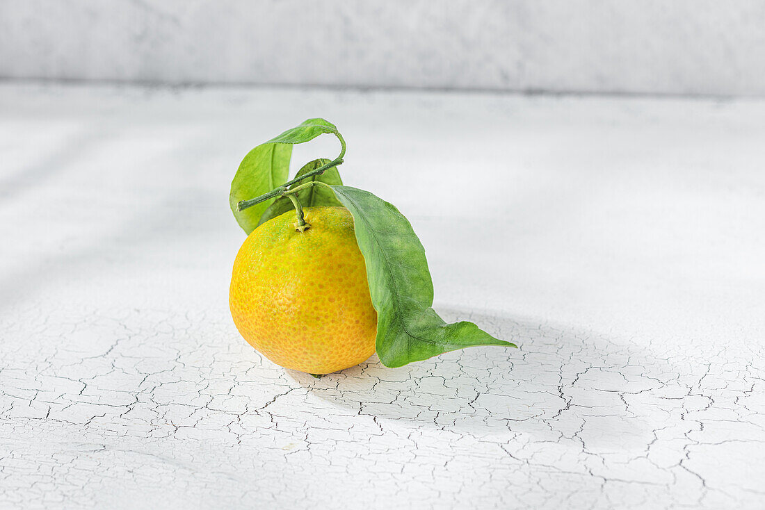 Orangefarbene Zitrusmandarine mit grünem Stiel und Blatt auf einem weißen Tisch liegend