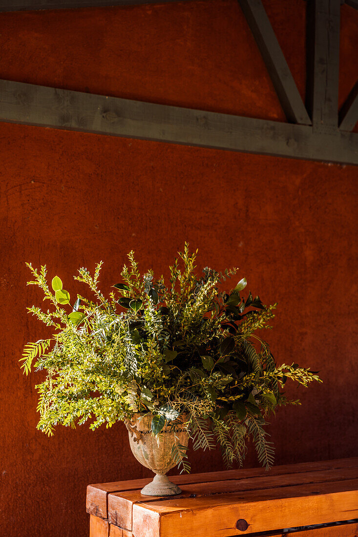 Vase mit frischem grünem Laub auf einem Holztisch auf der Terrasse im Sonnenlicht