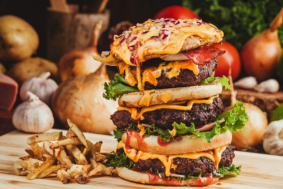 Appetitliche Hamburger mit Gemüse auf Holzbrett mit Pommes frites in Küche