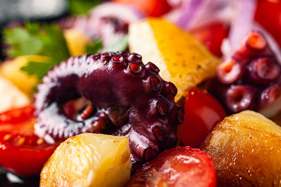 Tasty salad with octopus and assorted vegetables and herbs on plate on table