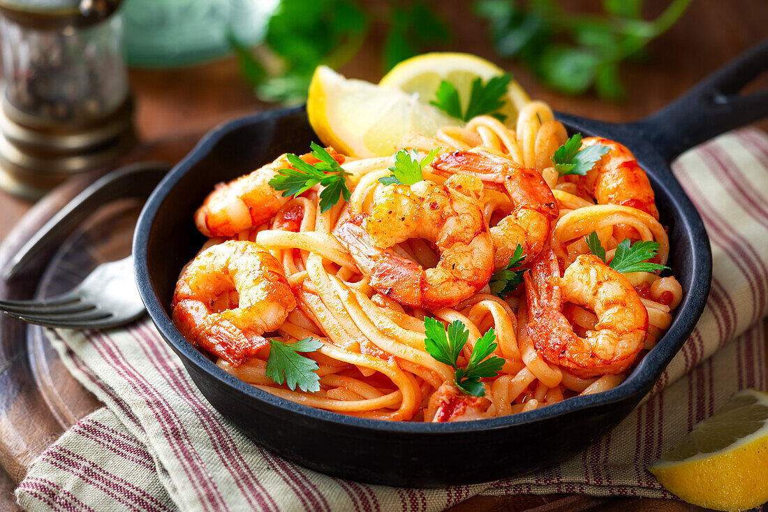 Von oben: Spaghetti mit Garnelen in Tomatensoße, garniert mit Petersilie und Zitronenspalten