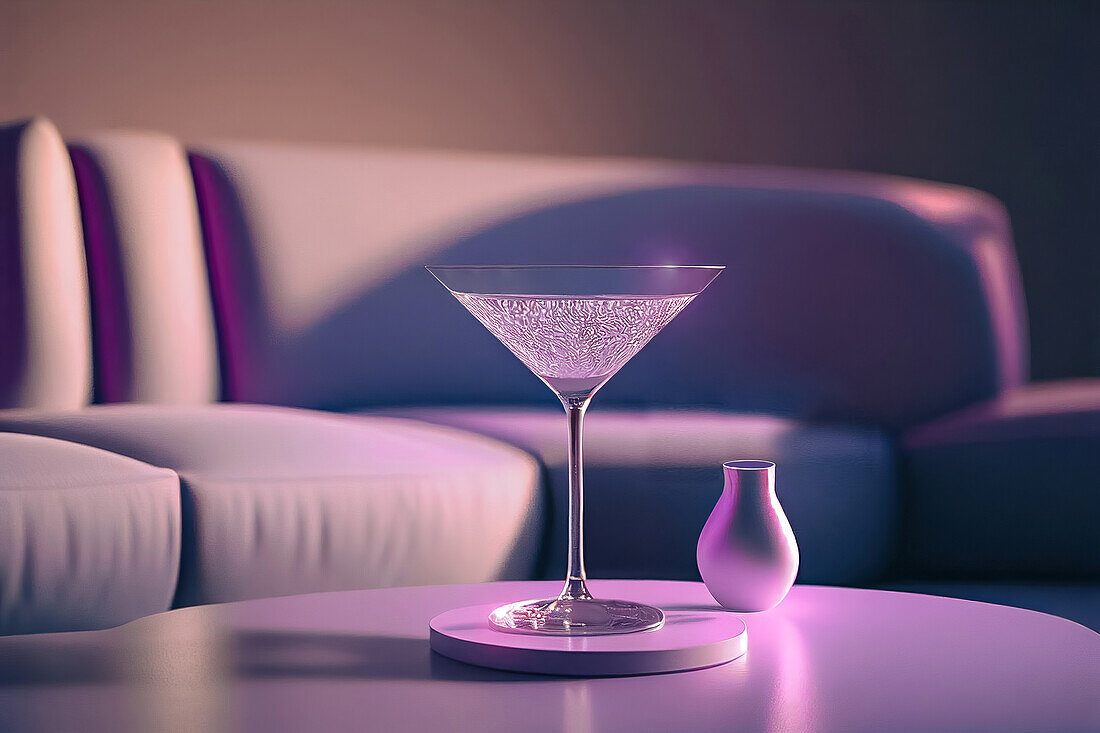 Seitenansicht eines fliederfarbenen Cocktailglases auf einem Tisch in einem luxuriösen fliederfarbenen Interieur. Generative KI