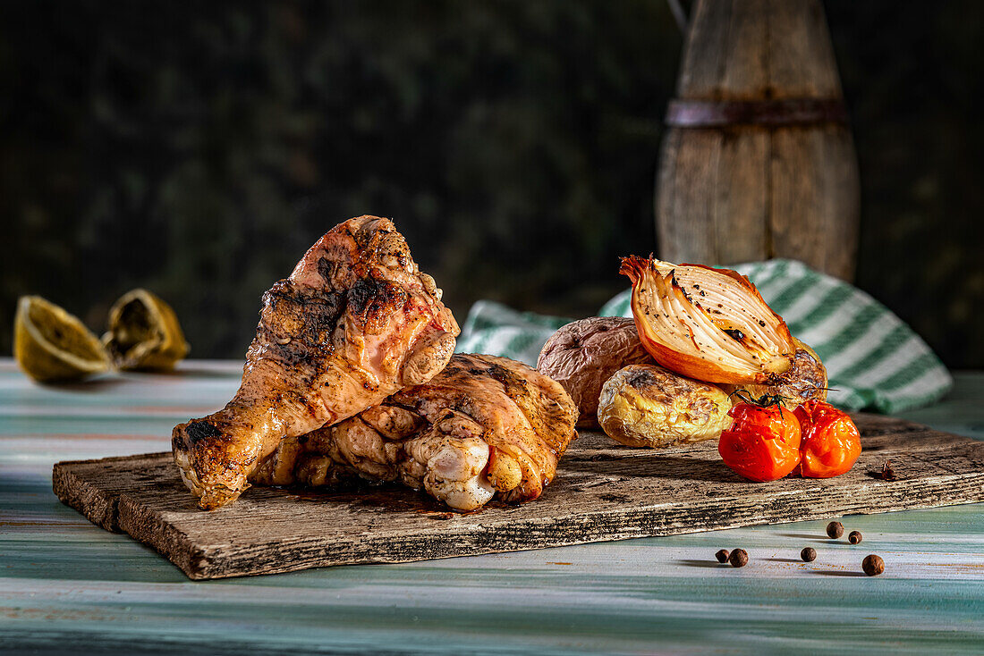 Gegrilltes Hähnchen mit Kartoffeln, Zwiebeln und Tomaten auf einem rustikalen Holzschneidebrett