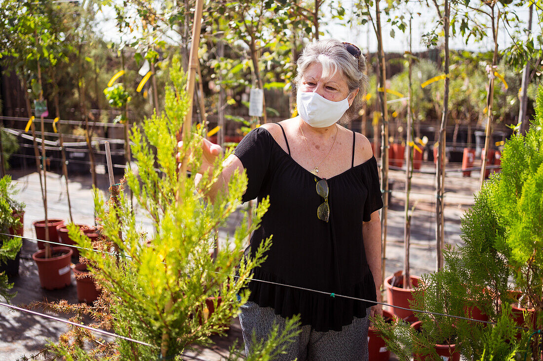 Side view of mature female shopper in textile mask picking green trees in pots in garden shop on sunny day