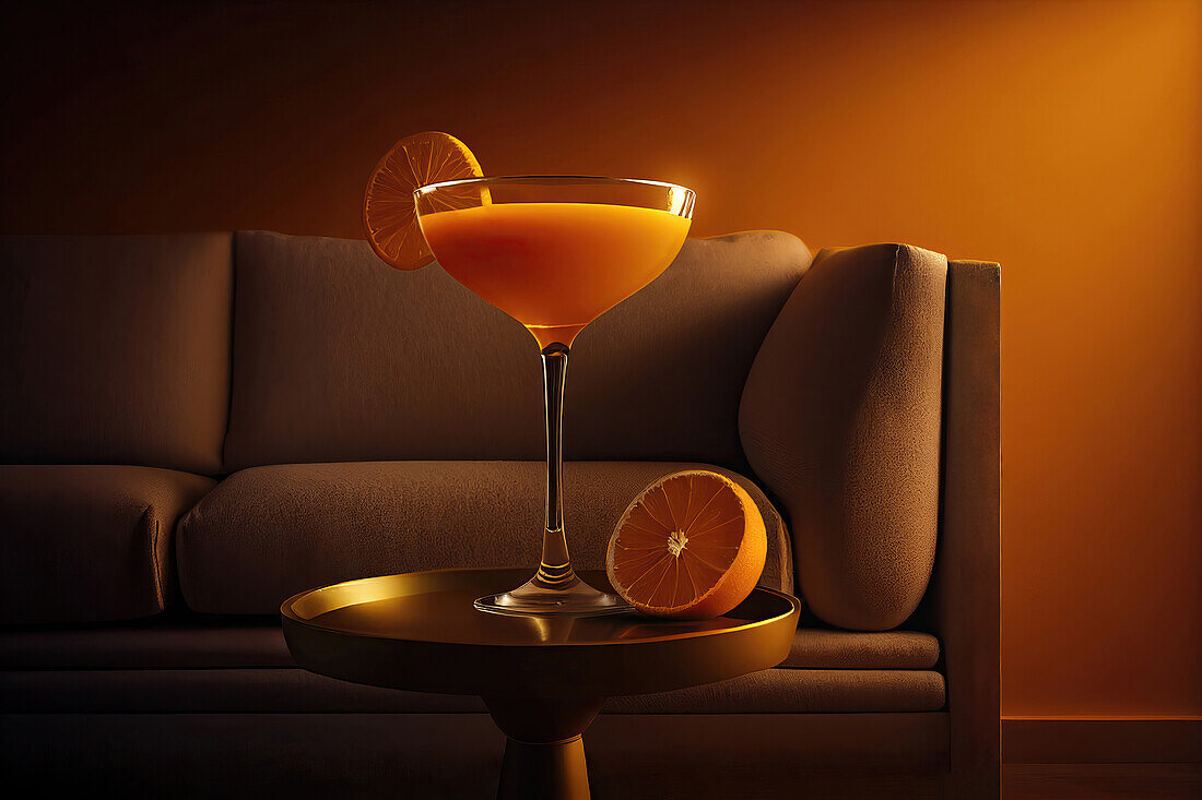 Seitenansicht eines orangefarbenen Cocktailglases auf einem Tisch in einem luxuriösen orangefarbenen Interieur. Generative KI