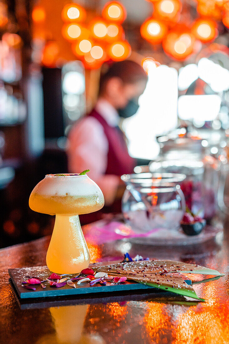Saurer Cocktail mit Minzblatt in einem pilzförmigen Glas, serviert auf einem Holztresen mit einer Flasche Alkohol in einem Pub
