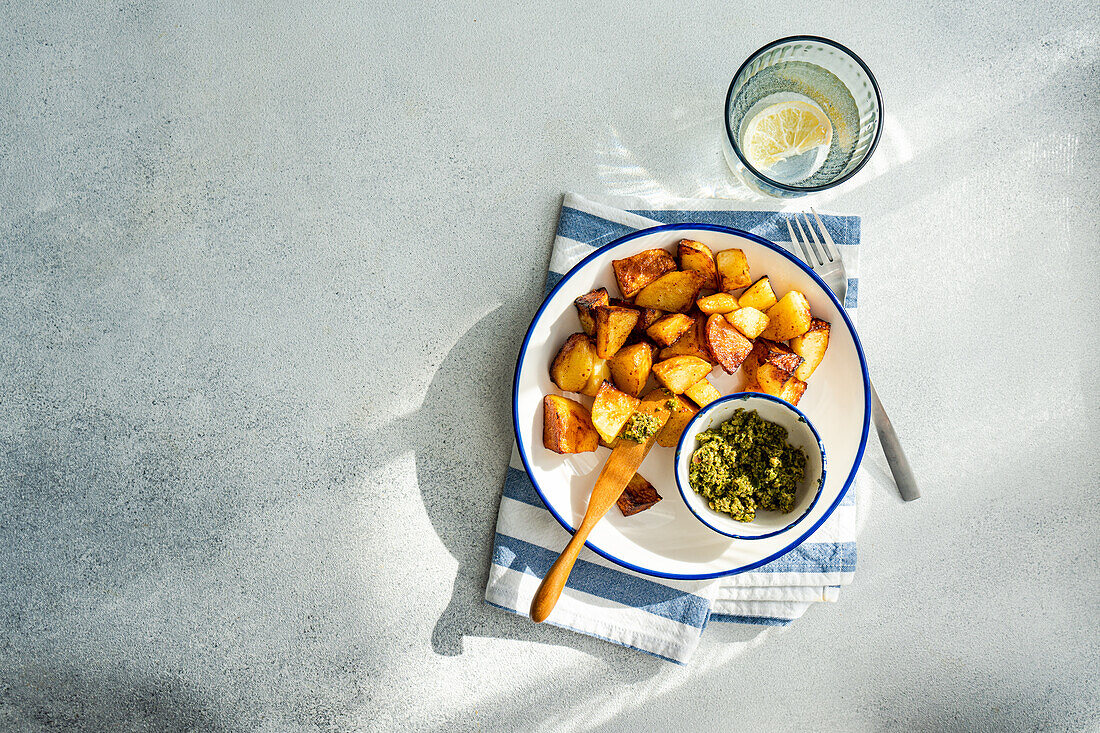 From above of crisp roasted potatoes beside a bowl of green pesto on a blue-trimmed plate, over a blue-striped napkin, with a glass of water with lemon slice in the background, on a textured surface in daylight