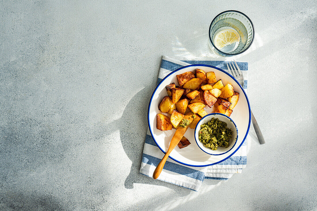 Knusprig gebratene Kartoffeln neben einer Schüssel mit grünem Pesto auf einem blau gestreiften Teller, über einer blau gestreiften Serviette, mit einem Glas Wasser mit Zitronenscheibe im Hintergrund, auf einer strukturierten Oberfläche bei Tageslicht