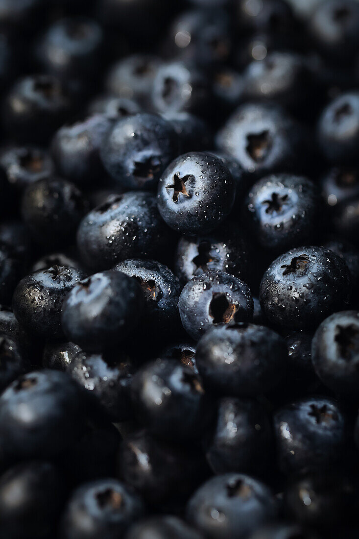 Heidelbeeren mit Wassertropfen, Nahaufnahme