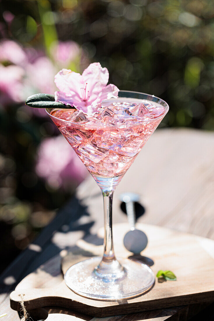 Rosa Gin-Cocktail mit Blüte und Eiswürfeln