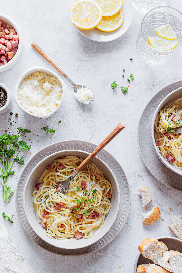 Spaghetti carbonara with parmesan