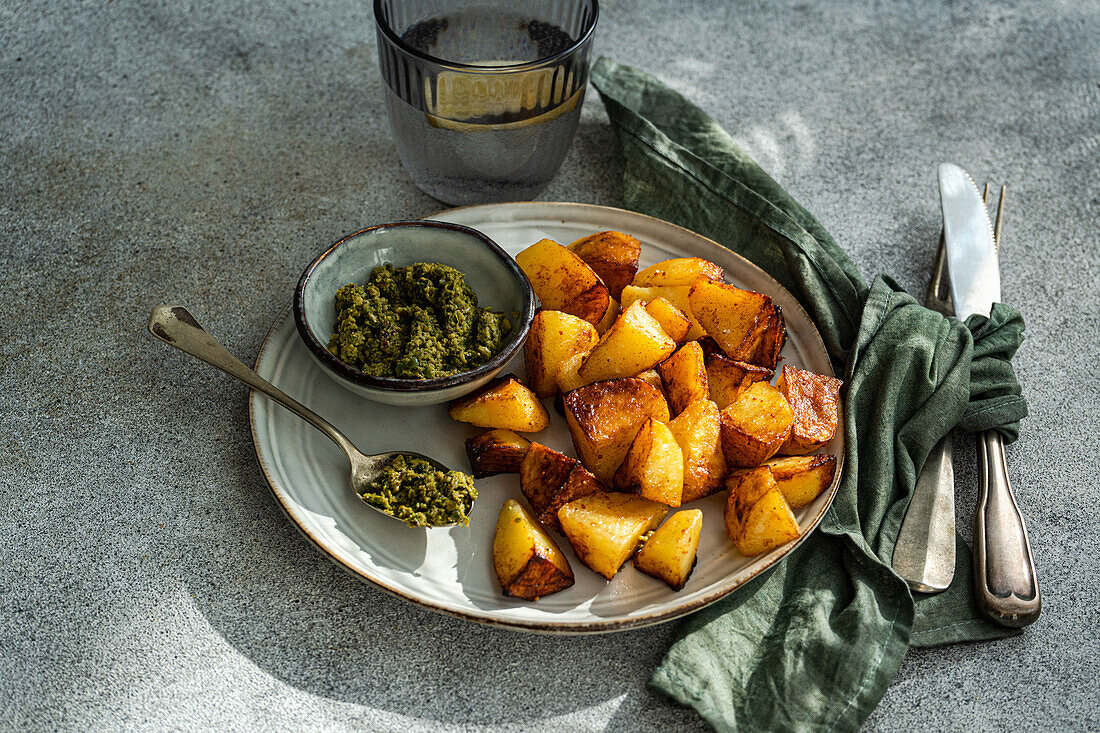 Knusprig gebratene Kartoffeln auf einem Keramikteller mit grünem Pesto, dazu Silberbesteck und eine grüne Serviette, Hintergrund grau strukturiert