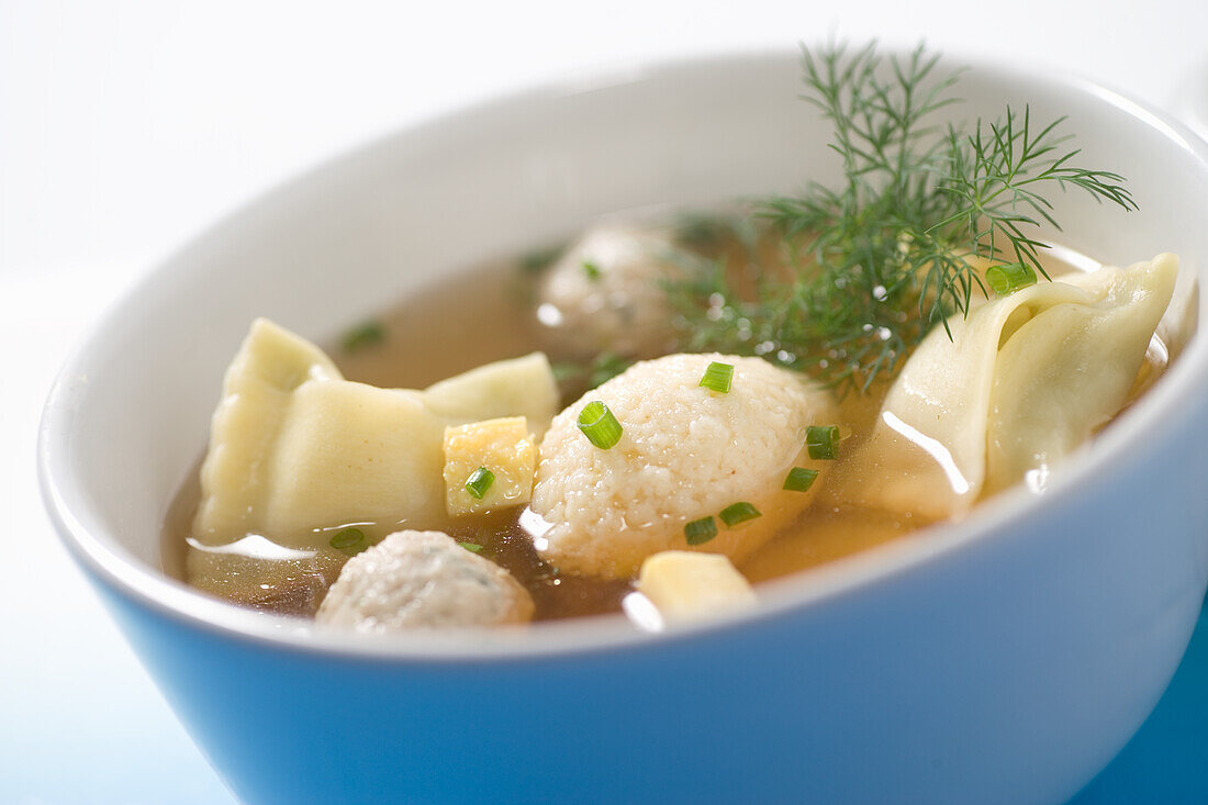 Wedding soup with marrow dumplings and liver dumplings