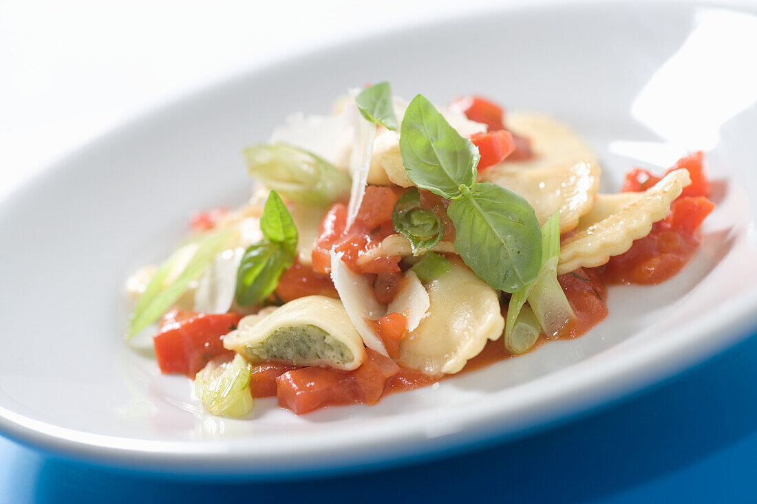 Cappelletti on tomato salad with spring onions