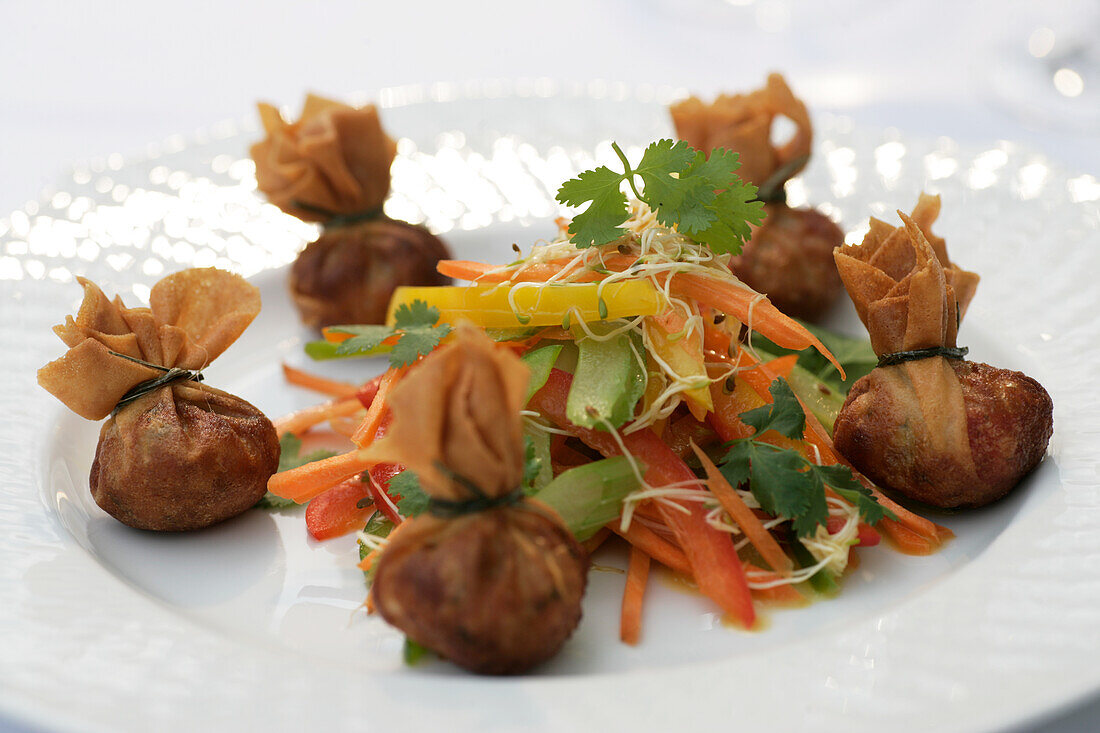 Asiatischer Gemüsesalat mit und gebackenen Teigsäckchen