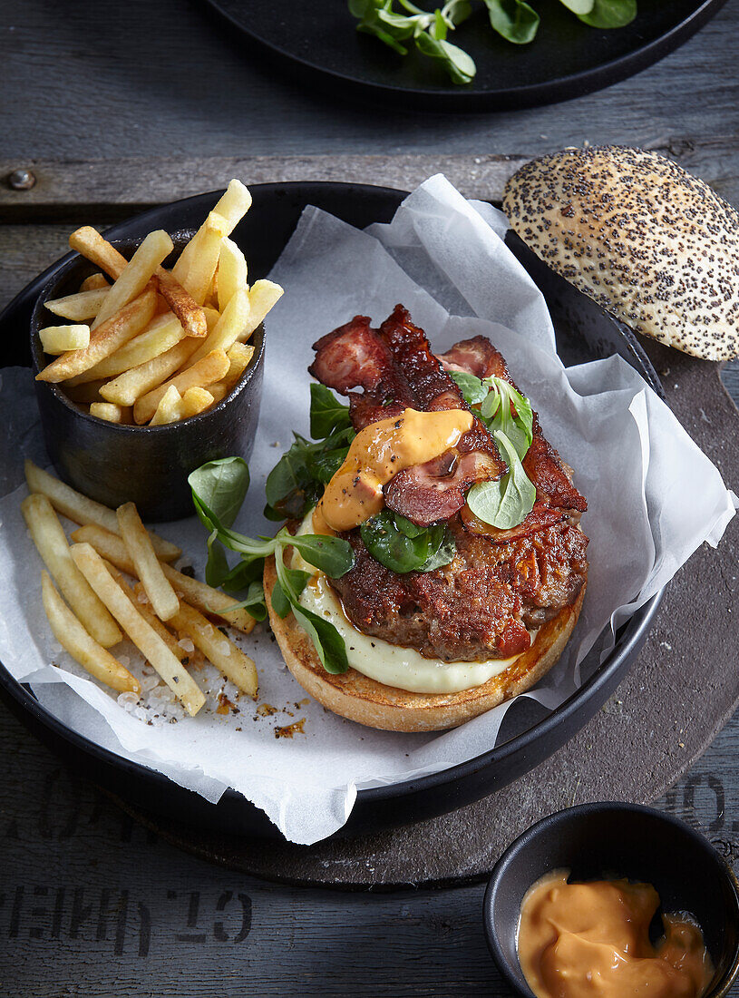 Chorizo burger with chips