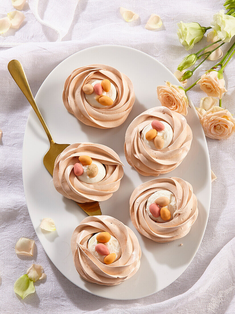 Chocolate meringue nests with mascarpone and candy eggs