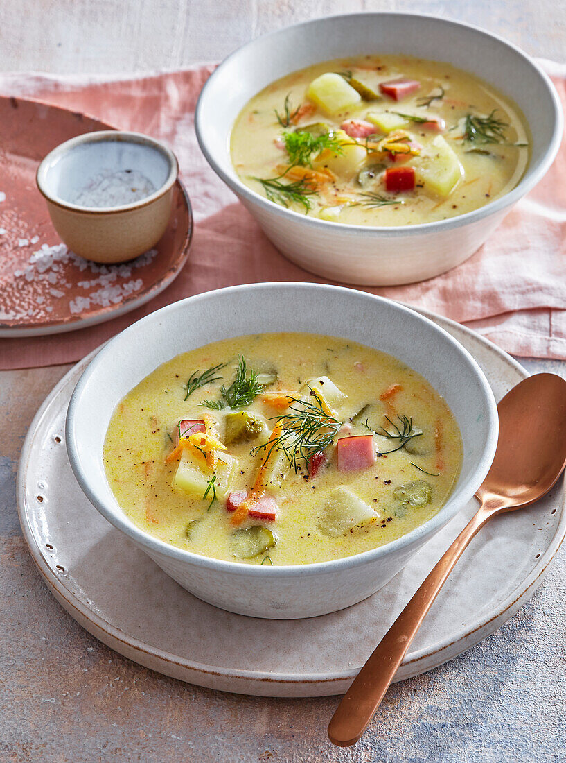 Soup with gherkins, potatoes and vegetables