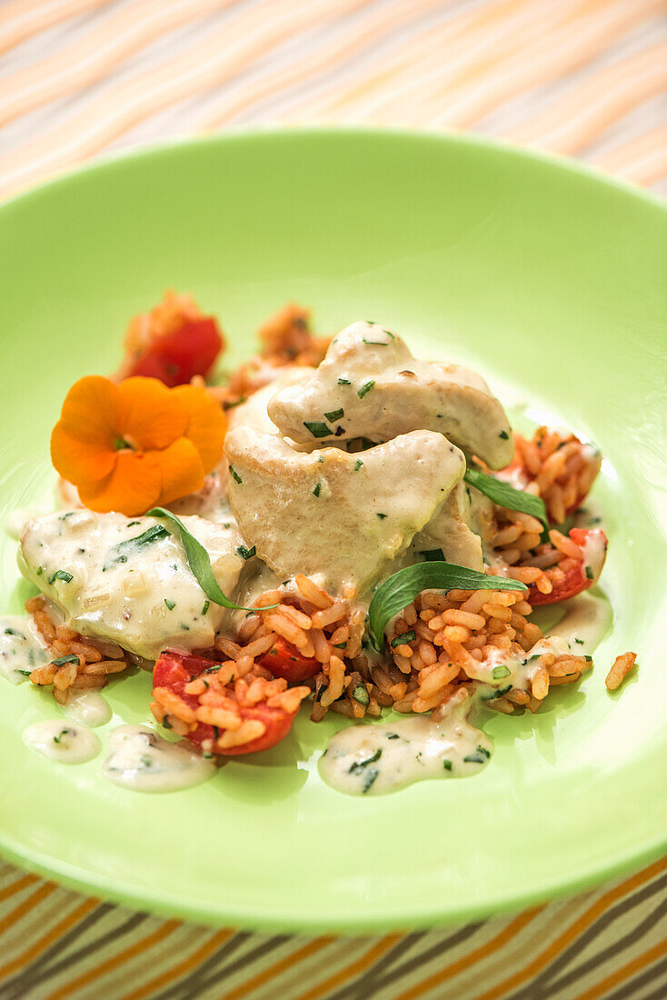 Chicken ragout in tarragon cream with tomato rice