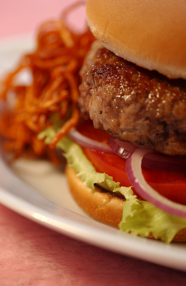 Burger with lettuce, tomato and onions (close-up)