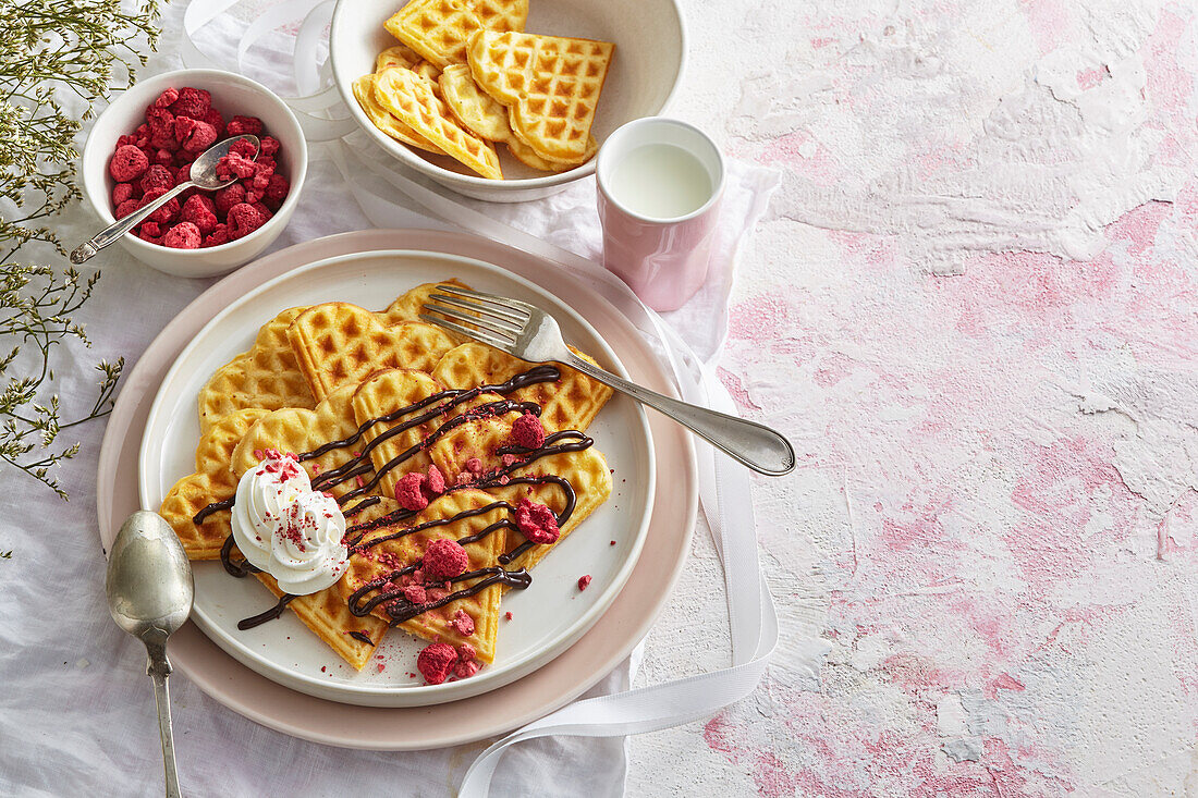 Herzwaffeln mit Sahne, Schokosauce und Himbeeren