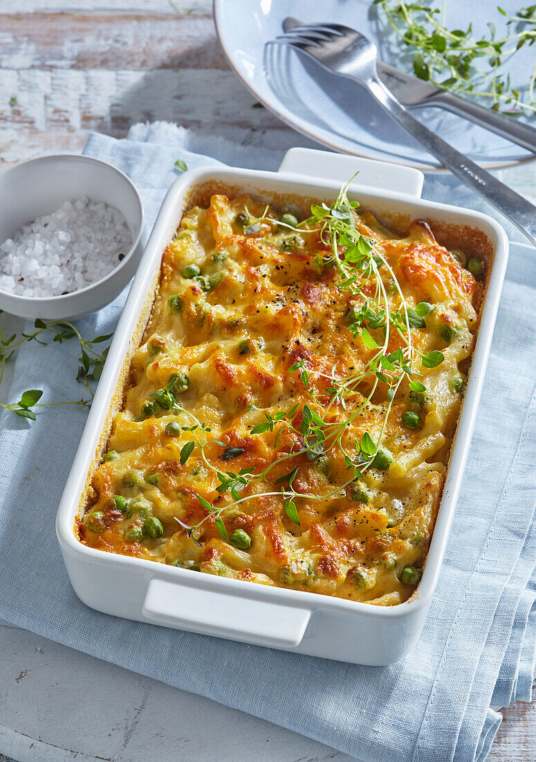 Mac and cheese casserole with peas