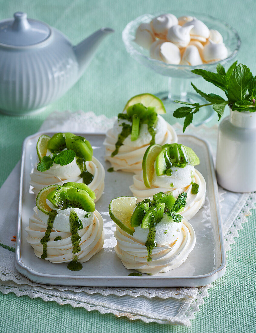 Mojito pavlova with lime cream and kiwi