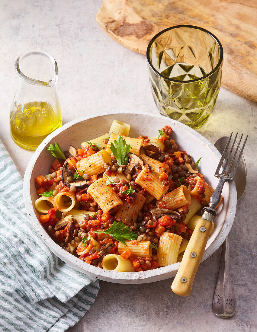 Vegan pasta with lentil bolognese