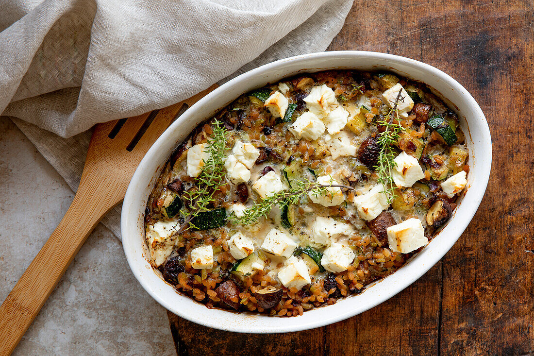 Buckwheat vegetable gratin with courgettes, aubergines and feta