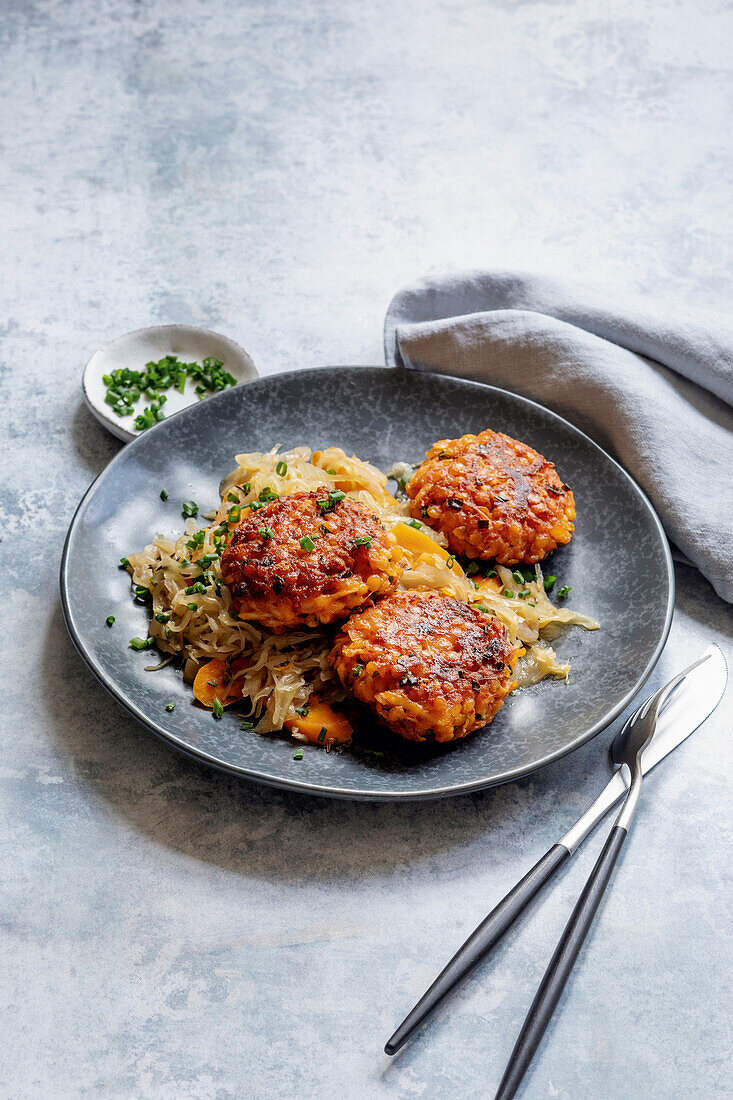 Lentil meatballs on sauerkraut