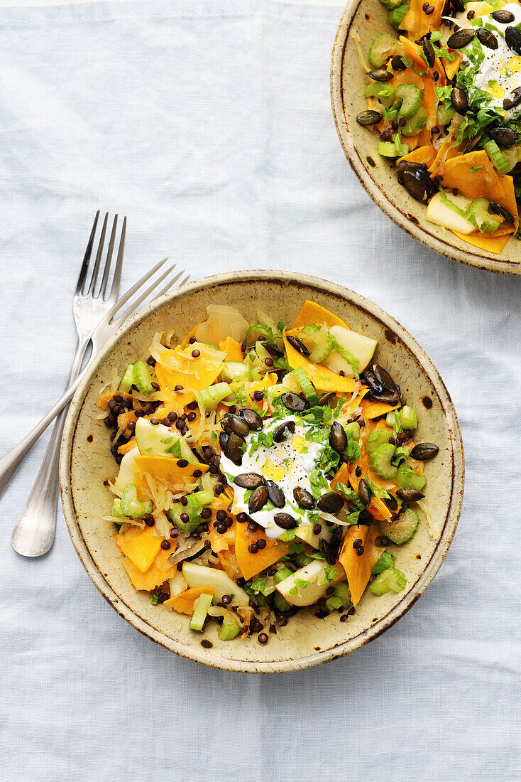 Sauerkraut and lentil salad with pumpkin and apple