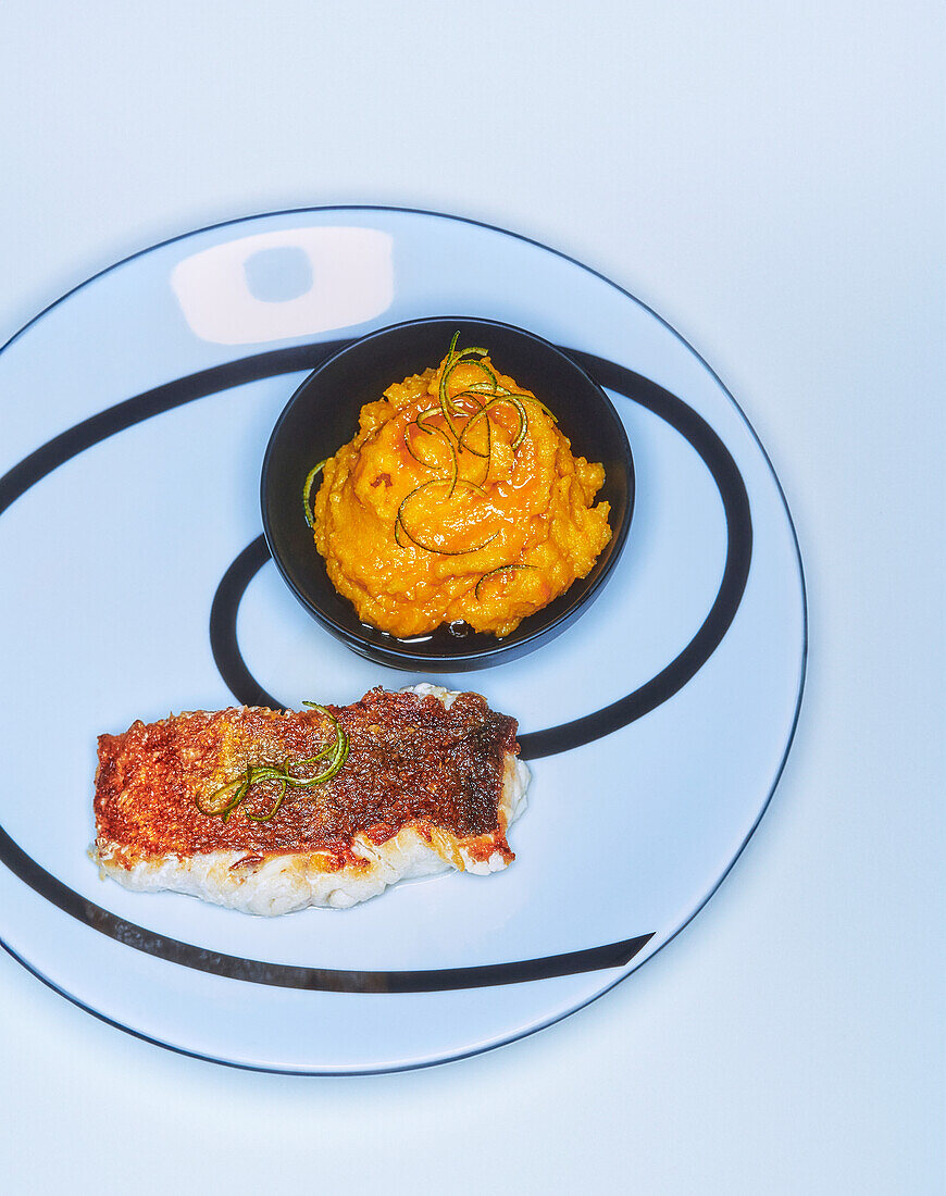 Fried cod with sweet potato puree and lime zest