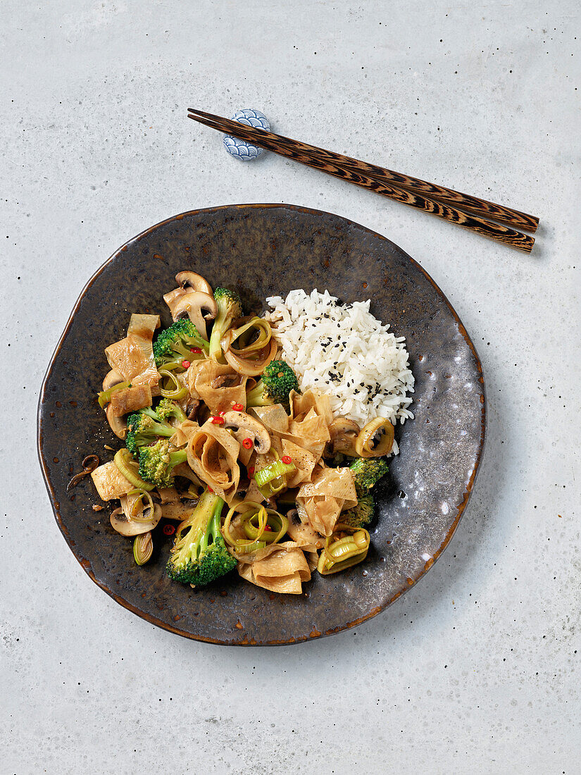 Yuba (tofu skin) with vegetables and rice