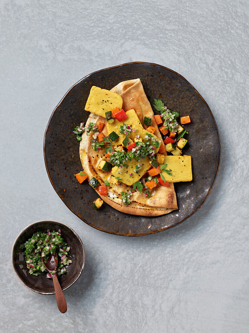 Crepe with fried tofu and vegetable salsa