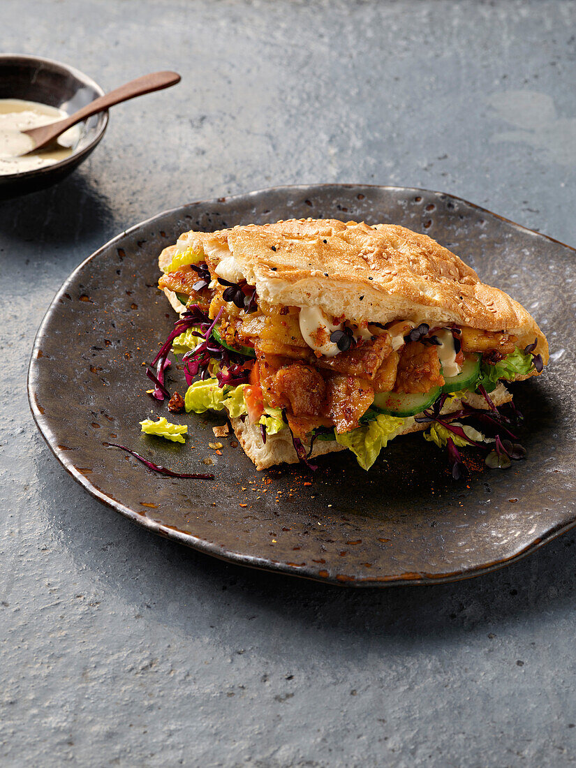 Tempeh-Sandwich mit Gemüse und Tahini-Sauce