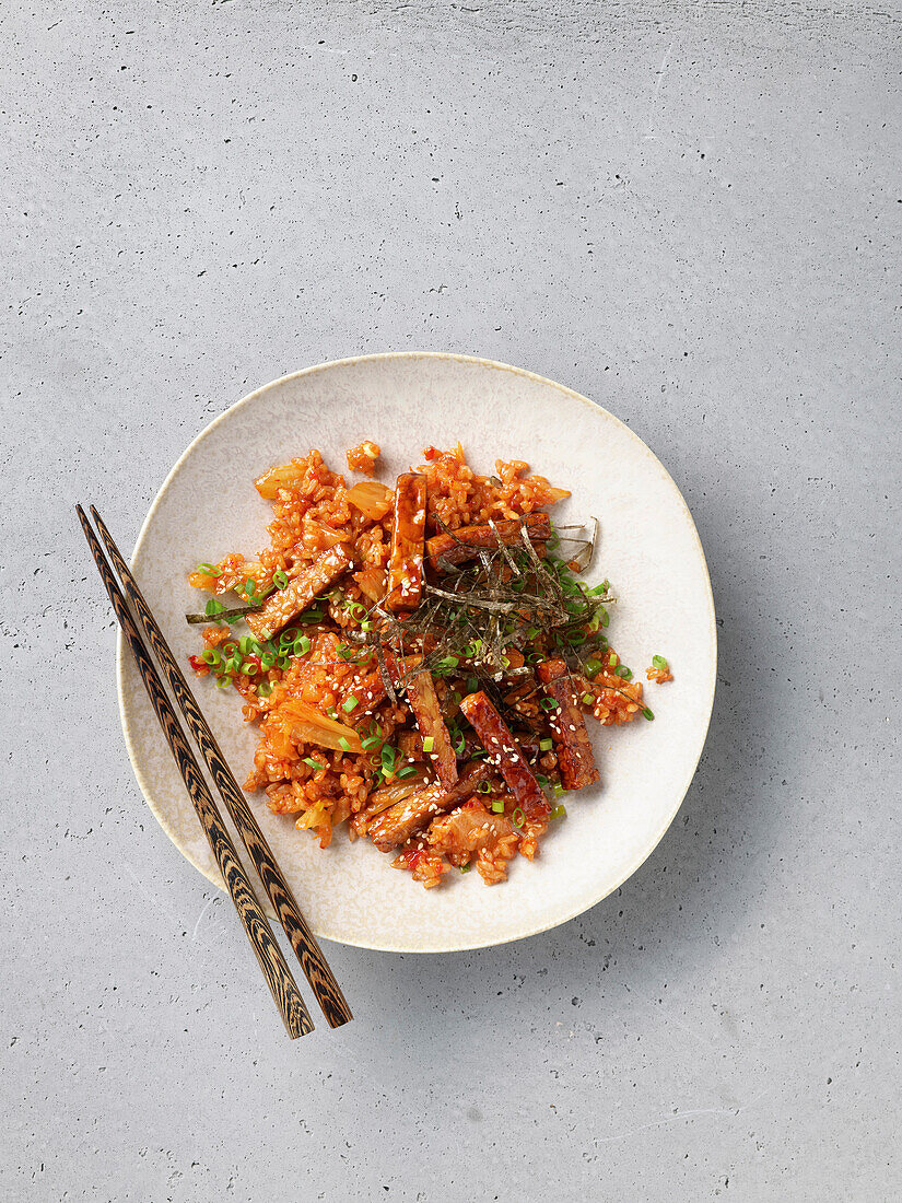 Kimchi fried rice with tofu and tempeh