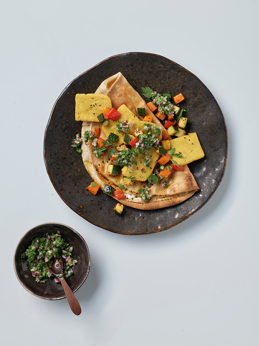 Crepe mit gebratenem Tofu und Gemüsesalsa