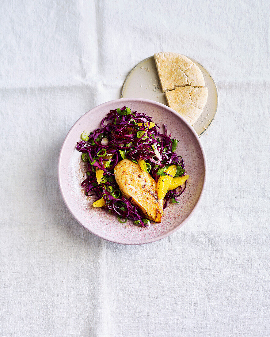 Spicy chicken with red cabbage salad