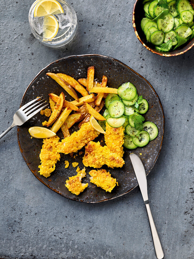 Fish fingers with chips and cucumber salad